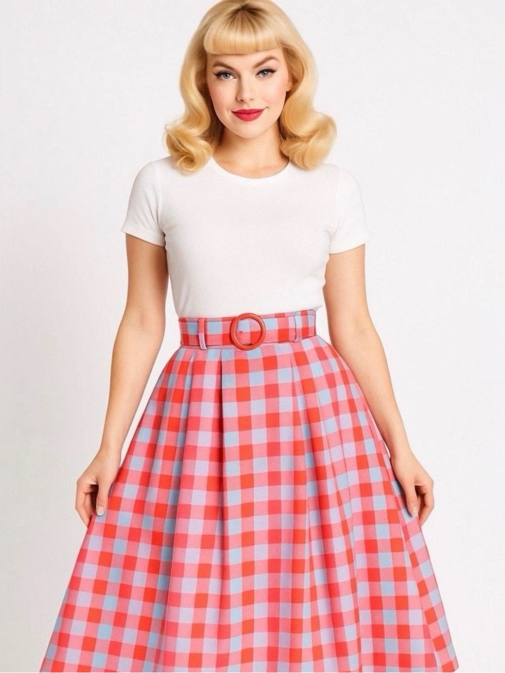 Modcloth High-Waist A-Line Gingham Midi Skirt in Coral and Light Blue